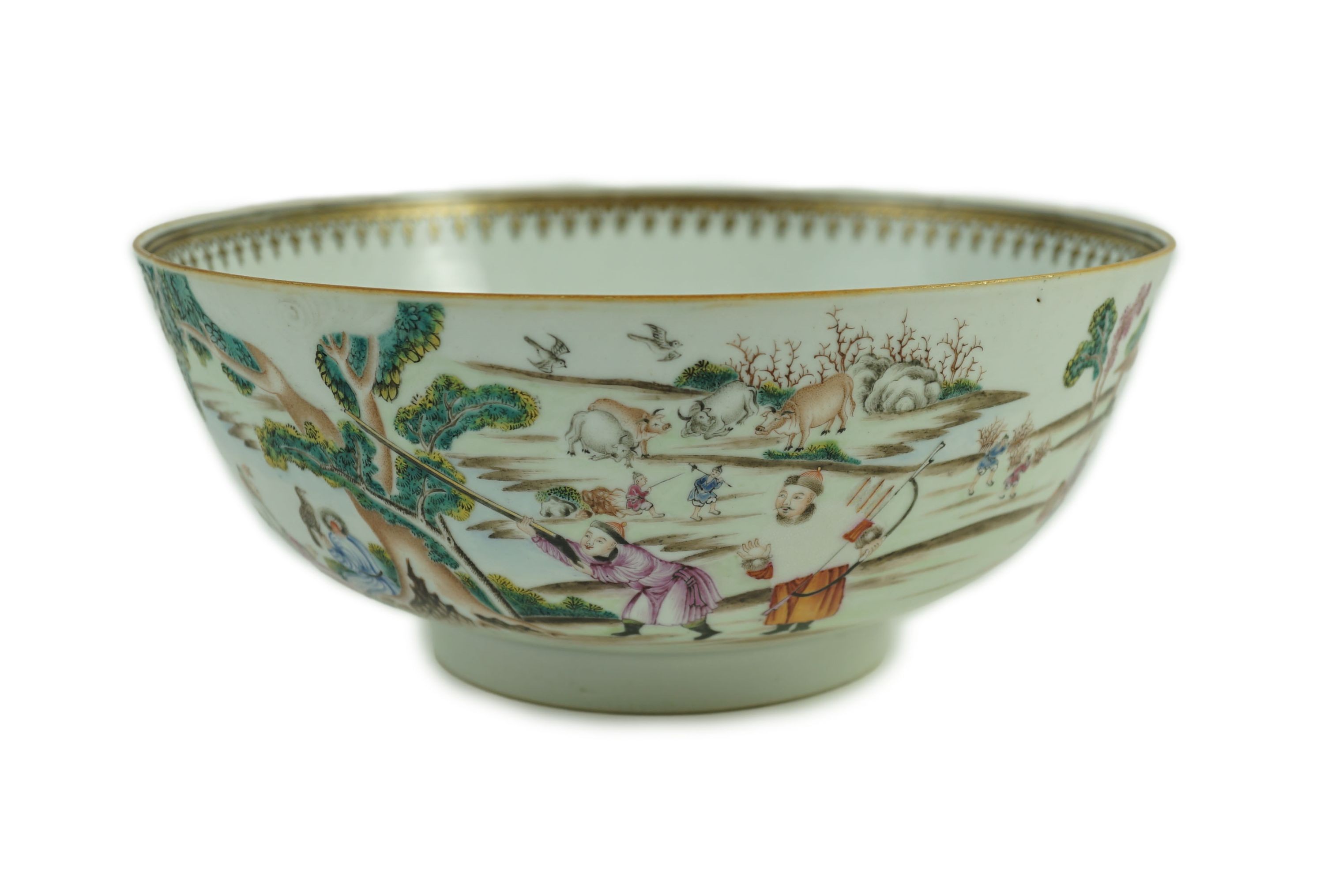 Chinese export famille rose fencai ‘Imperial Hunt’ punch bowl, Qianlong period, 26.4cm diameter